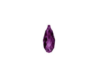 May include: A faceted, teardrop-shaped pendant in a deep purple hue. The crystal pendant has a pointed tip and a loop at the top for hanging. The gem reflects light, showcasing its many cut surfaces. The background is plain white.