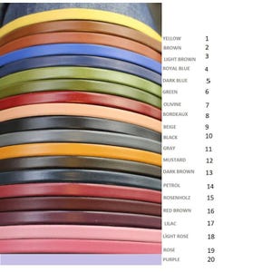 Peut inclure: Une palette de couleurs de bandes de cuir, allant du jaune au violet, avec des nuances de marron, bleu et vert. Chaque couleur est numérotée, offrant un guide de sélection de couleurs complet.