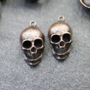 May include: Two small, bronze-colored skull charms with large eye sockets and open mouths. Each charm has a loop at the top for attaching to jewelry or other crafts. The skulls are detailed and have a weathered appearance.