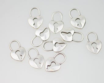 10pcs Tiny Heart Lock Charms, Key Pendants, Antique Silver Love Lock, Crafting Necklace, Bracelet, Earring, Vintage, DIY Jewelry zm01as