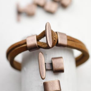 5 set läderarmband med haklås, T-kroklås, antik koppar ZM907ac