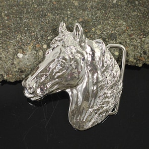 Rhodium Plated Horse Head Buckle, Polished Metal Western Snap Buckle, Adjustable Belt Clasp for Cowboy Riders & Animal Theme Lovers GS281rh