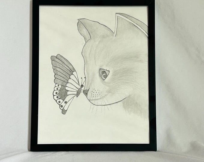 Framed Cat and Butterfly Drawing – Pencil Sketch Animal Art – Cute Feline Wall Decor Gift