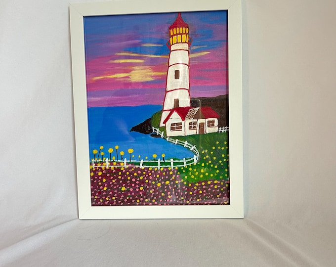 Vibrant Sunset Seascape Painting - Original Coastal Wall Decor with Lighthouse and Flowers - Acrylic Nautical Artwork