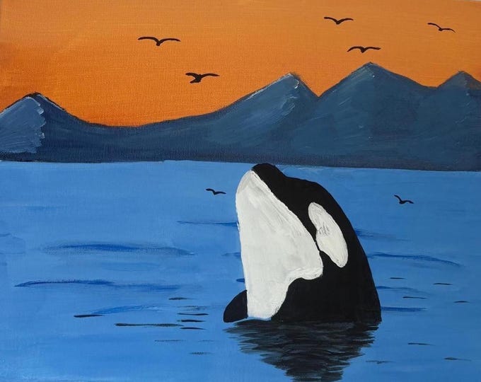 Orca Whale Sunset Painting: Original Acrylic Ocean Art
