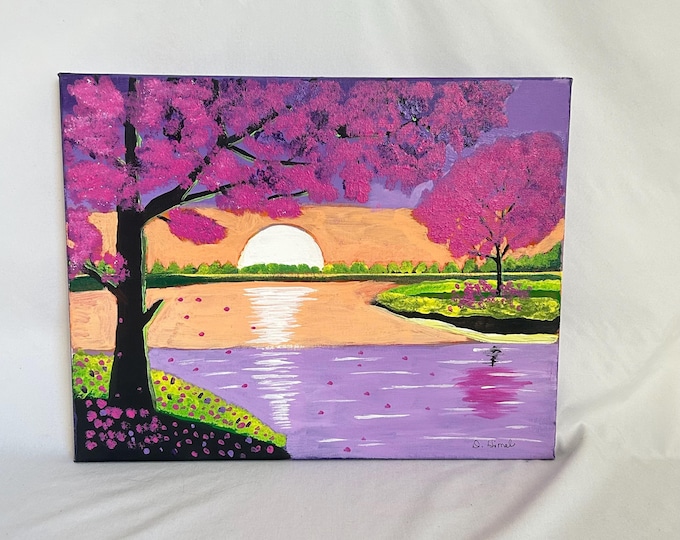 Cherry Blossom Landscape Canvas Painting – Vibrant Pink Trees, Serene River, Sunset Reflection, Nature-Inspired Wall Art
