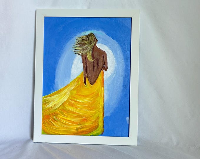Original Yellow Dress Painting – Hand-Painted Acrylic Woman Silhouette Canvas, Bold Colorful Wall Art,