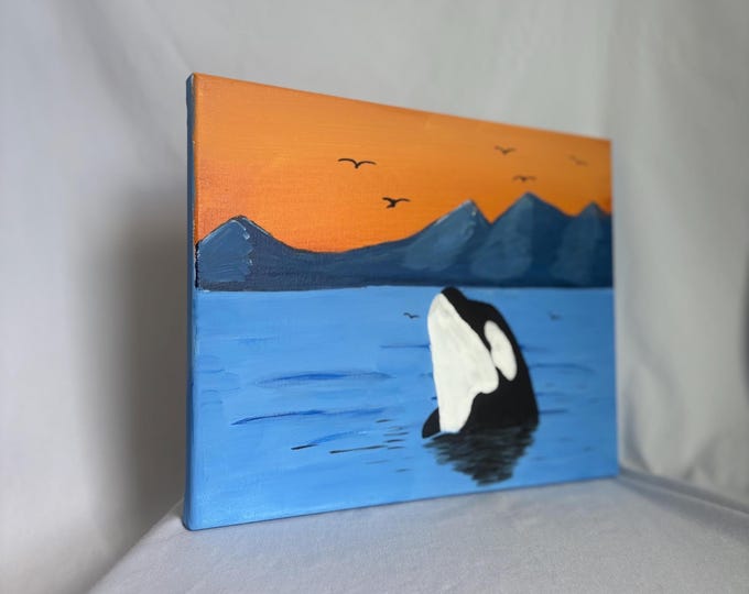 Orca Whale Sunset Painting | Original Ocean Acrylic Art | Coastal Wall Decor | Marine Life Gift Idea
