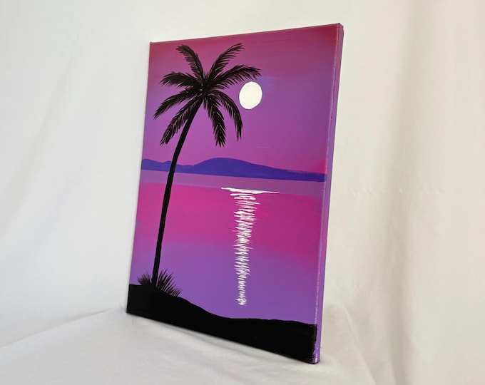 Moonlit Palm Tree Painting | Tropical Beach Wall Art | Original Coastal Acrylic Decor | Island Escape Artwork