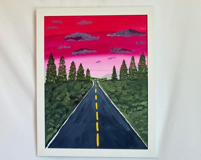 Pink Sky Serenity: Framed Acrylic Painting | Original Landscape Art of Dusk | Tranquil Tree-Lined Road | 11x14 Wall Decor