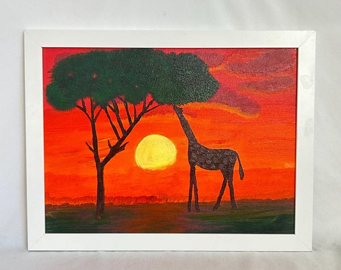 Original Giraffe Sunset Painting, African Savanna Wall Art, Wildlife Silhouette Landscape