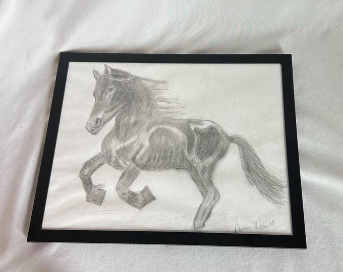 Framed Horse Drawing – Running Horse Pencil Sketch – Equine Wall Art Gift for Horse Lovers