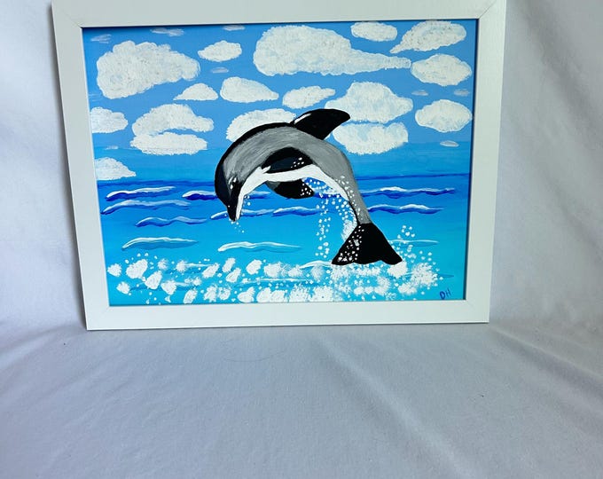 Jumping Dolphin Painting – Ocean Animal Wall Art, Hand-Painted Acrylic Sea Life Decor, Blue Coastal Beach Home Artwork