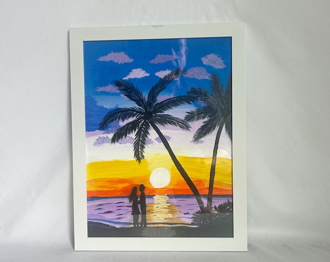 Romantic Sunset Beach Painting – Couple Silhouette Wall Art with Palm Trees, Framed Acrylic Ocean Scene