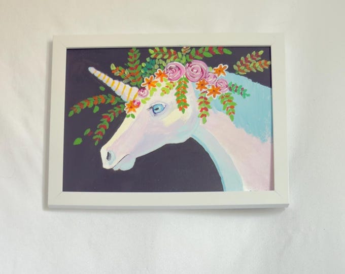 Daydreaming Unicorn Wall Art | Floral Fantasy Painting for Kids | Whimsical Magical Animal Decor for Dreamers