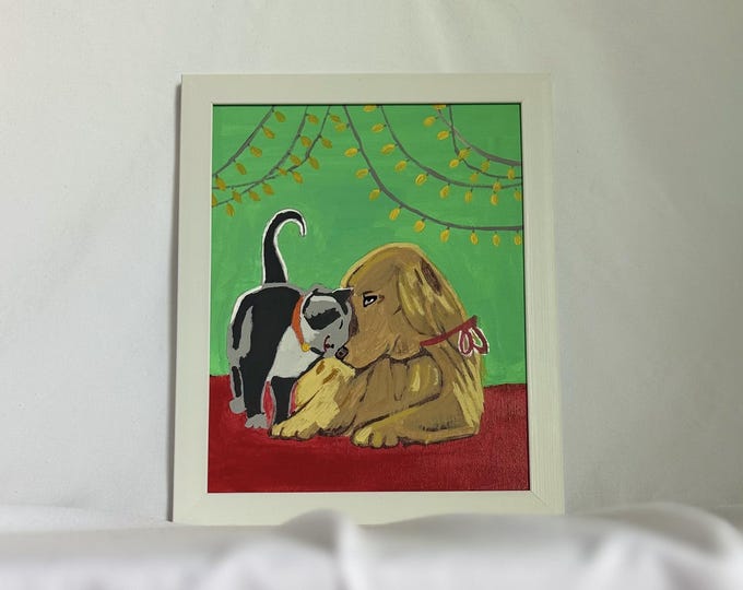 Dog and Cat Friendship Painting | Original Acrylic Pet Wall Art | Cozy Animal Scene Under Lights | Gift for Pet Lovers