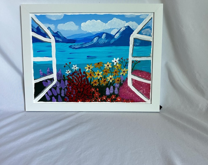 Window View Landscape Painting – Lake and Mountain Scene with Colorful Flowers – Framed Acrylic Art – Nature Wall Decor –  Original Artwork