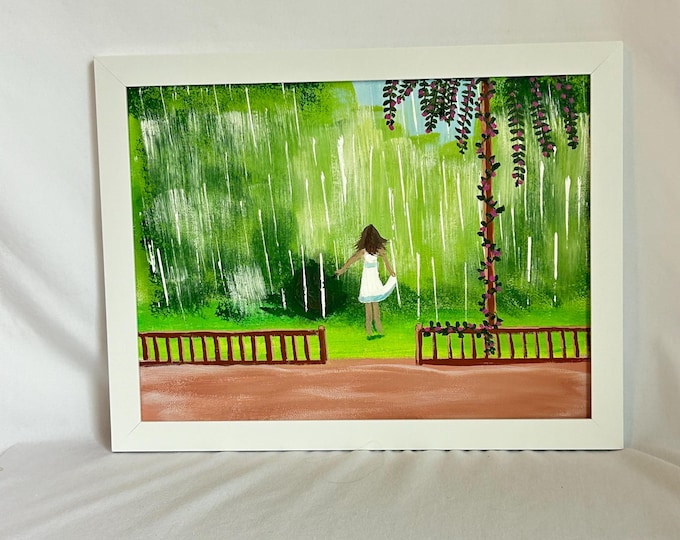 Tranquil Garden Peaceful  Landscape Scene – Hand-Painted Art for Rainy Day