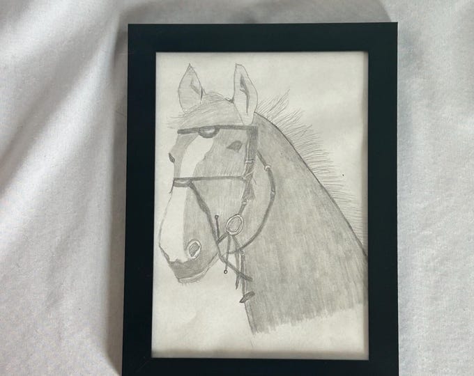 Horse Portrait Drawing – Pencil Sketch of Bridled Horse – Rustic Farmhouse Wall Art