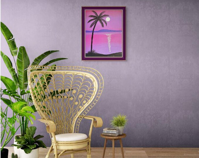 Moonlit Palm Tree Painting: Original Coastal Acrylic Art by Donna Himel