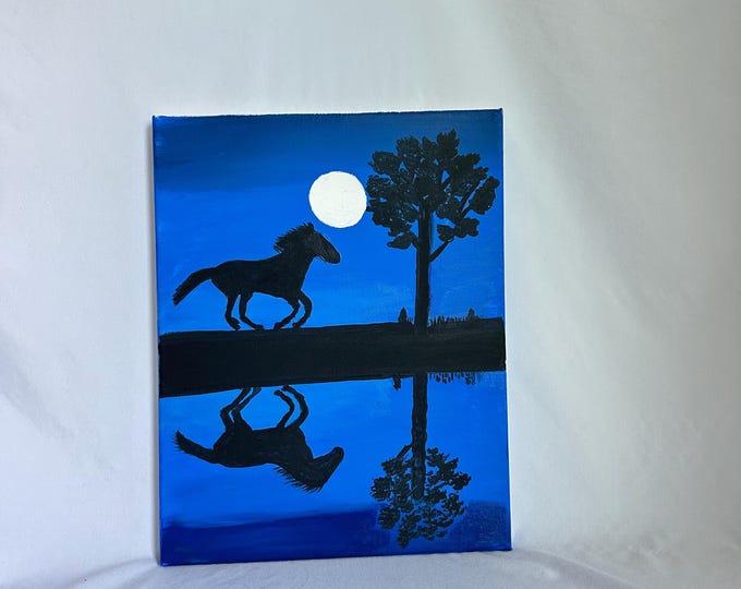 Original Blue Horse Silhouette Painting – Moonlit Equestrian Canvas Art, Night Landscape Wall Decor