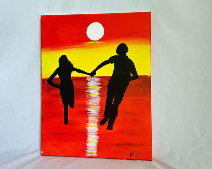Couple Running at Beach Painting – Romantic Silhouette Wall Art, Hand-Painted Acrylic Canvas, Red and Yellow Sunset Home Decor