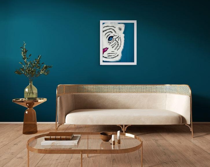 White Tiger Acrylic Painting: Minimalist Wildlife Art, Blue & Magenta