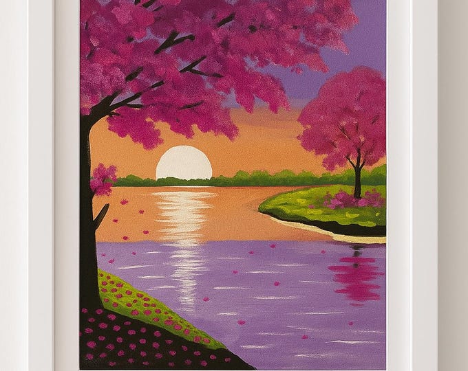 Cherry Blossom Landscape Painting: Original Acrylic Canvas Art