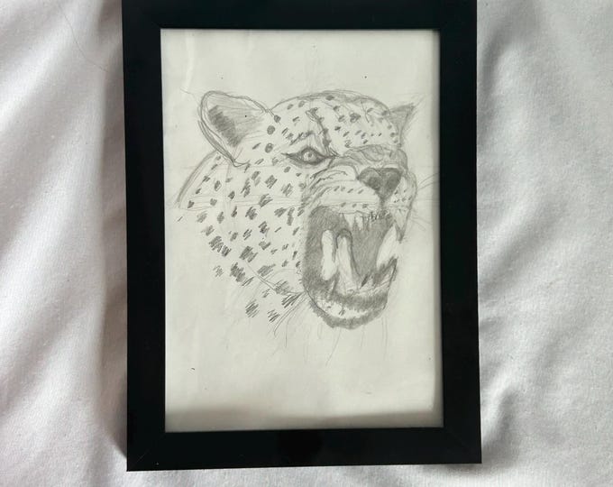 Leopard Drawing – Roaring Big Cat Pencil Sketch – Wild Animal Wall Art Gift
