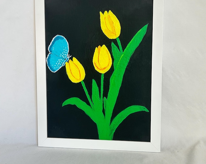 Spring Harmony – Yellow Tulips & Blue Butterfly Acrylic Painting