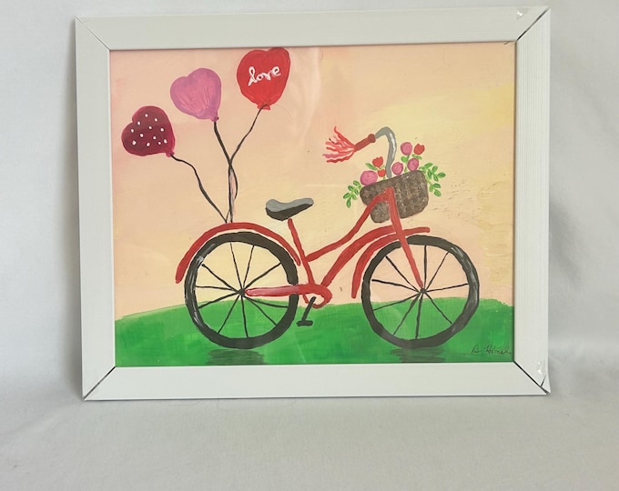 Original Bicycle Painting with Heart Balloons – Hand‑Painted Acrylic Canvas, Romantic Bike Art for Home Décor