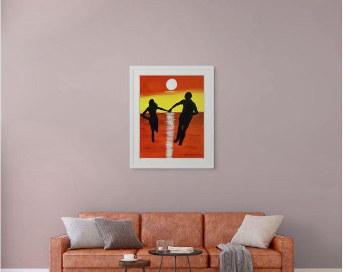 Couple Running at Sunset Painting: Hand-Painted Acrylic Canvas, Romantic Silhouette Art