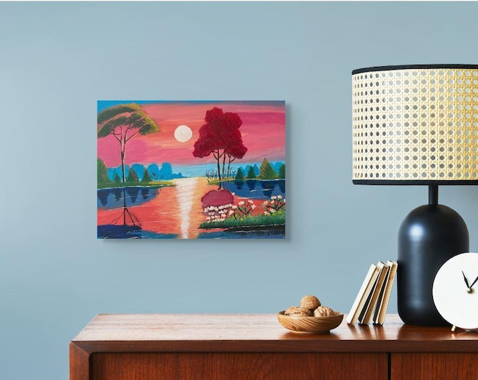 Sunset Wall Art – Original Acrylic Landscape Painting with Trees & Reflection – Nature-Inspired Home Decor