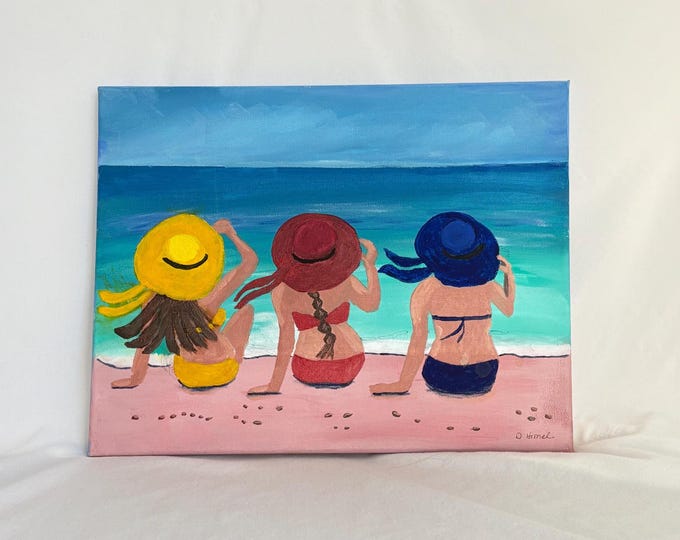Three Women on Beach Painting | Original Acrylic Coastal Wall Art | Serene Ocean Scene | Beach Lover Gift Idea