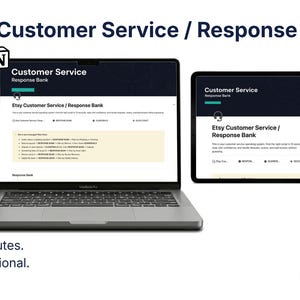Può includere: Un computer portatile e un tablet che mostrano l'interfaccia Etsy Customer Service Response Bank. Lo schermo mostra il testo Etsy Customer Service, Response Bank e Reply in 2 minutes. Sound professional. Every time. Il logo SellerOrbit è visibile.