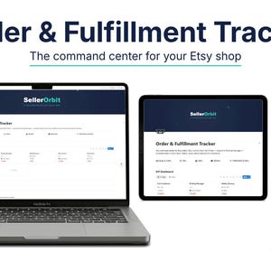 Peut inclure: Un ordinateur portable, une tablette et un smartphone affichent l'interface "Order & Fulfillment Tracker". Les écrans montrent un tableau de bord avec les détails des commandes. Le texte "SellerOrbit" est visible sur les écrans et le logo en bas à droite.