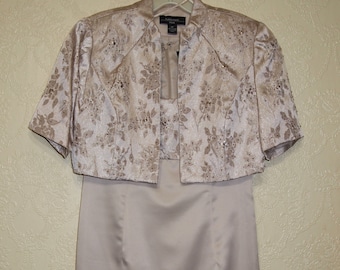 sz 6P EMBROIDERED BEADED DAMASK golden taupe Mother of the Bride dress and matching jacket beige gown brides maid dress cocktail dress