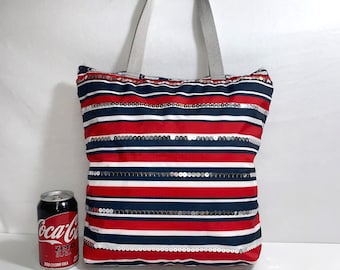 LeSPORTSAC RED WHITE BLUE Large Tote with Silver Sequins