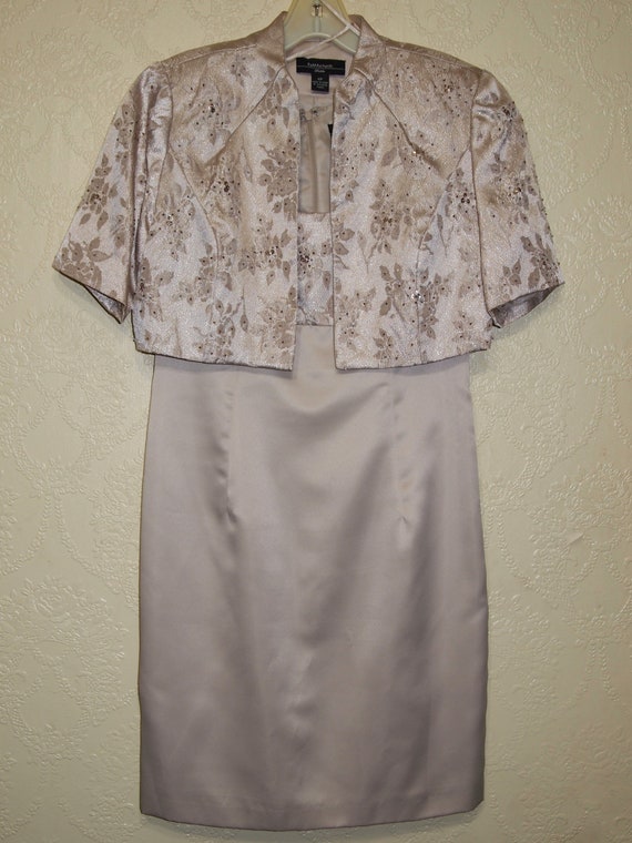 Sz 6p Embroidered Beaded Damask Golden Taupe Mother of The Bride Dress and Matching Jacket Beige Gown Brides Maid Dress Cocktail Dress