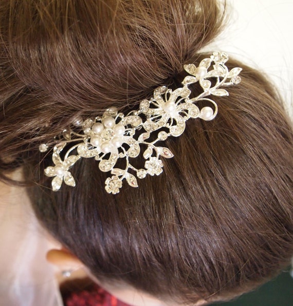 large Crystal PEARLS & RHINESTONES COMB tiara cro… - image 1