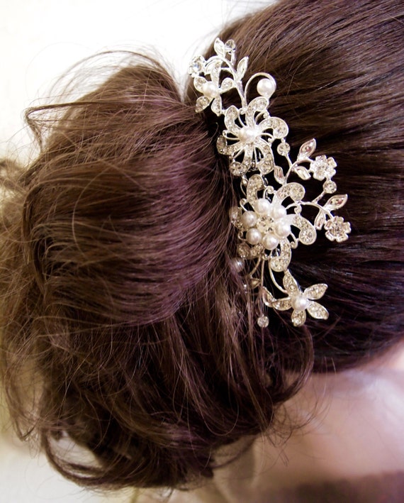 large Crystal PEARLS & RHINESTONES COMB tiara cro… - image 2