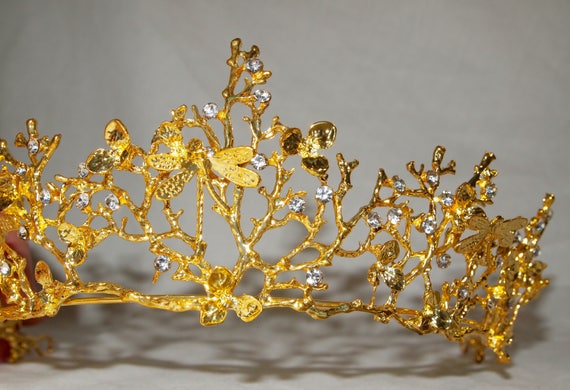 large gold CRYSTAL Rhinestone Crown DRAGONFLY Crown TWIG Fairy crown Pagan crown Celtic crown Wedding Crown
