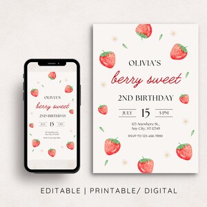 Faire-part d'anniversaire doux baies, fraise, 2e anniversaire fraise, 3e anniversaire fraise