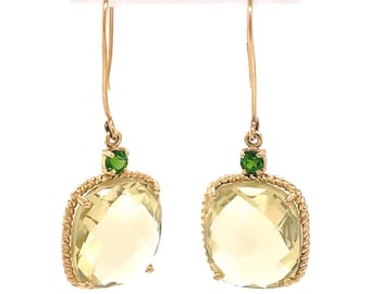 14K Yellow Gold Lemon Quartz with Blue sapphire Dangle drop Earrings.