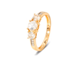 Anillo de compromiso de tres piedras con corte redondo, anillo de plata 925 chapado en oro de 14k, alianza de boda minimalista, anillo de promesa con circonita blanca, regalo para ella.