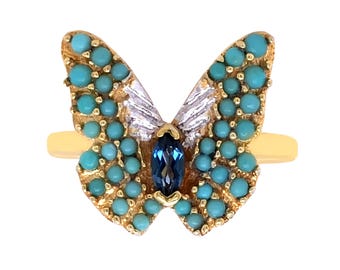 Anillo de mariposa de plata de ley 925, turquesa Campitos, topacio azul de Londres, delicada joyería con piedras preciosas.