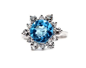 Anillo llamativo de topacio azul suizo, plata de ley 925, anillo de compromiso con piedra natal de noviembre, anillo de topacio azul natural, regalo de aniversario para ella.