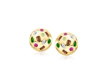 Pendientes de botón múltiples coloridos, pendientes de racimo de piedras preciosas naturales, pendientes de botón de plata de ley 925, regalo de aniversario, pendientes únicos.