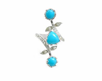 Sleeping Beauty Turquoise Cluster Ring 925 Sterling Silver Statement Ring, Trillion Turquoise & White Topaz Ring December Birthstone Jewelry