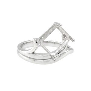 May include: A silver-colored metal ring setting featuring a rectangular head with four prongs designed to hold a gemstone. The band has a smooth, polished finish and a curved, open structure that elevates the rectangular mounting above the finger.